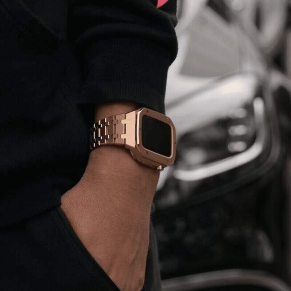 Luxury Metal Mod Kit for Apple Watch | Leather & Stainless Steel Straps | Apple Watch SE/3/4/5/6/7/8 accessory 45 mm| Rosè Gold Case - Rosè Gold Band mod kits india dream watches apple watch