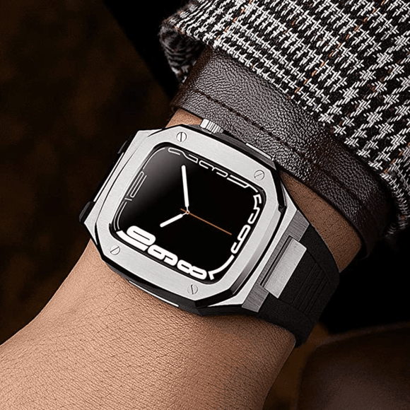 Luxury Metal Mod Kit for Apple Watch | Leather & Stainless Steel Straps | Apple Watch SE/3/4/5/6 accessory 44 mm| Silver Case - Blue Leather Band mod kits india dream watches apple watch