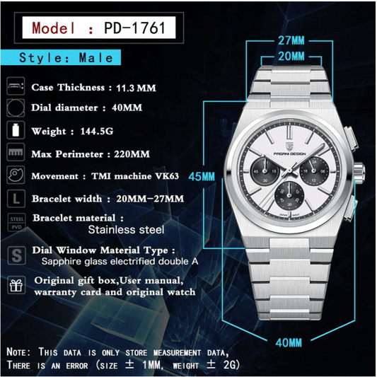 Pagani Design PD-1761 Chronograph Luxury Waterproof Movement Japanese VK63 | Stainless Steel Men's 40MM Watch