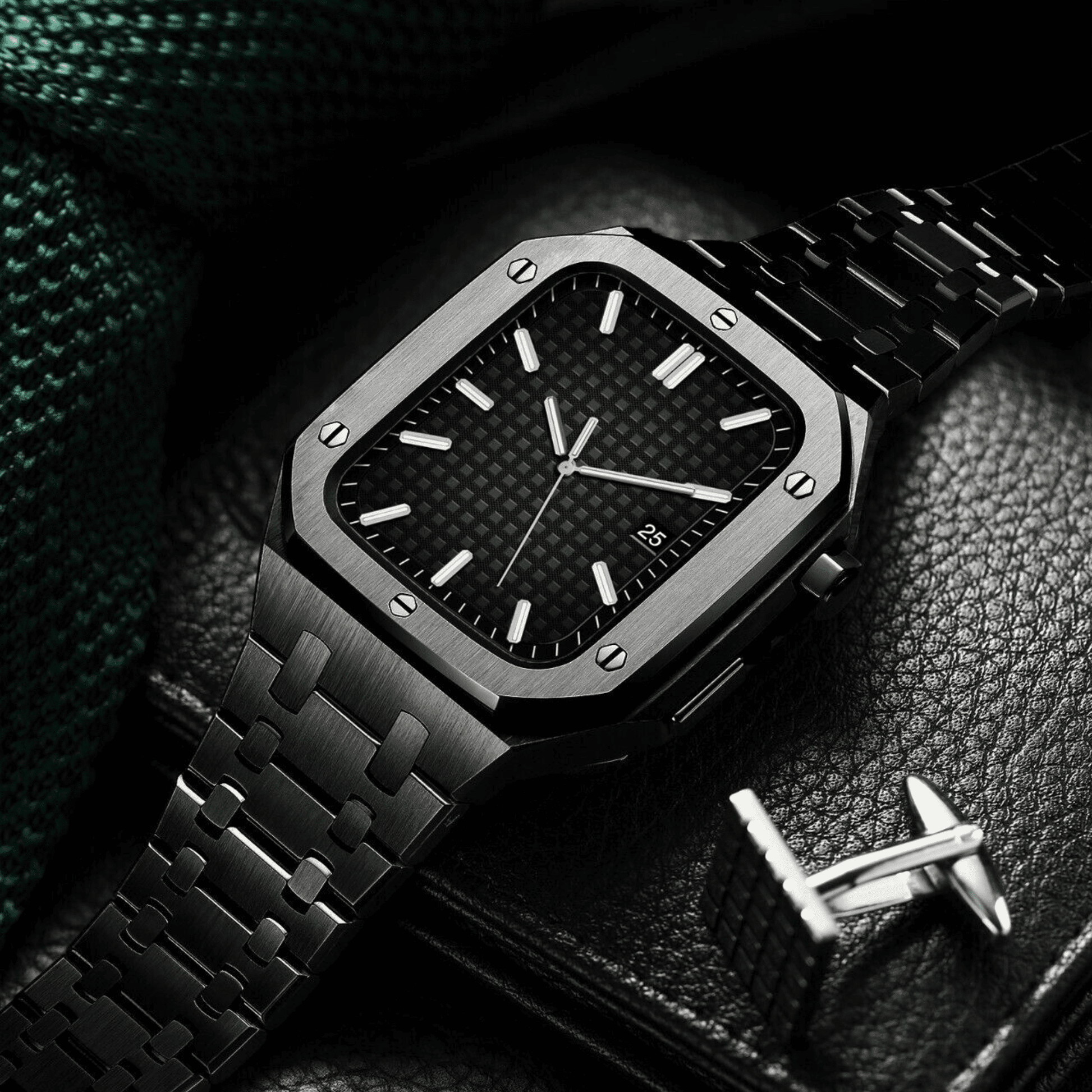 Luxury Metal Mod Kit for Apple Watch | Leather & Stainless Steel Straps | Apple Watch SE/3/4/5/6/7/8 accessory 44 mm| Carbon Black Case - Carbon Black Band mod kits india dream watches apple watch