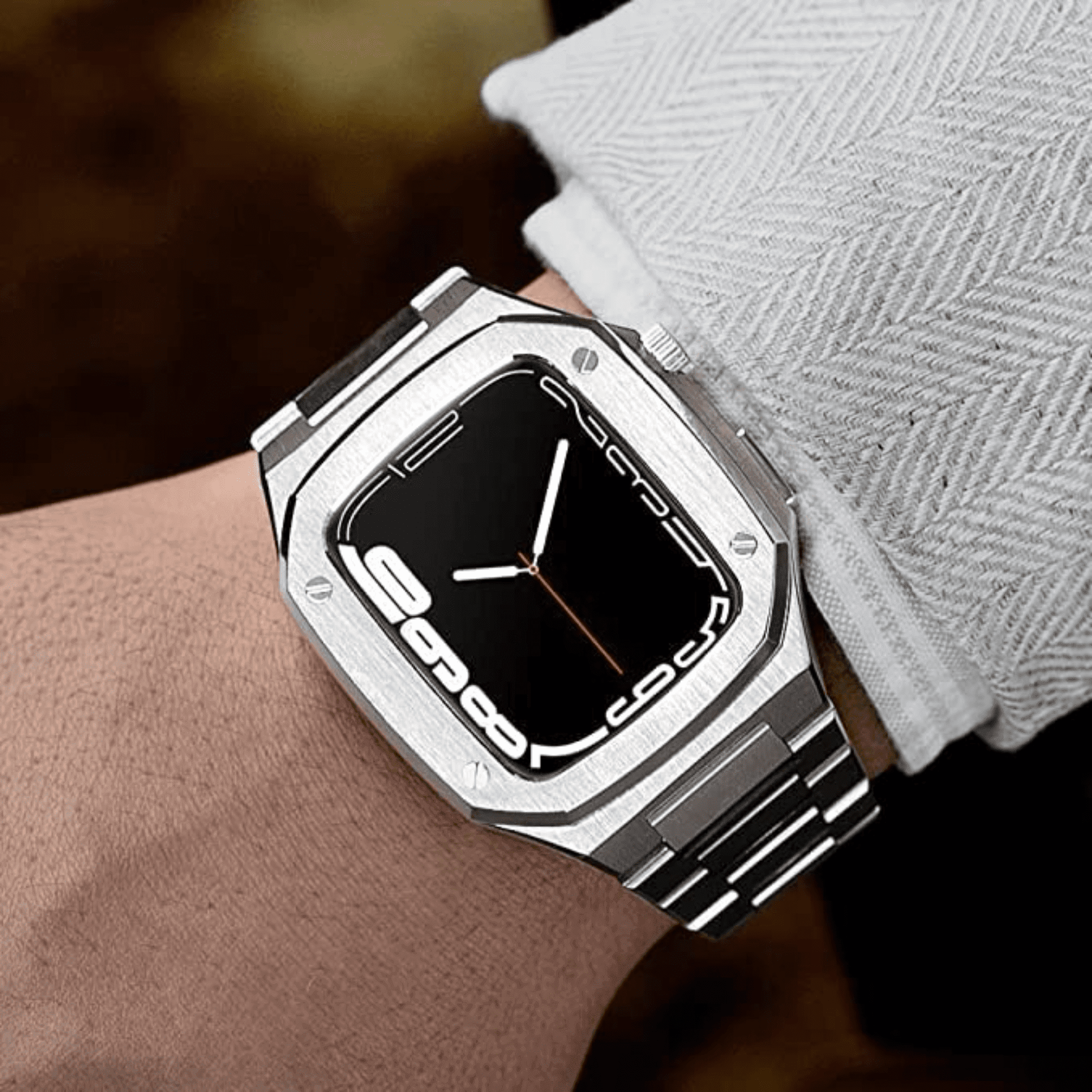 Luxury Metal Mod Kit for Apple Watch | Leather & Stainless Steel Straps | Apple Watch 7/8 accessory 45 mm| Silver Case - Silver Band mod kits india dream watches apple watch