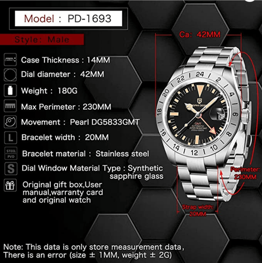 Pagani Design PD-1693 42 MM (GMT Automatic Movement) Mechanical Watch Sapphire Stainless Steel Watch Explorer II - DREAM WATCHES