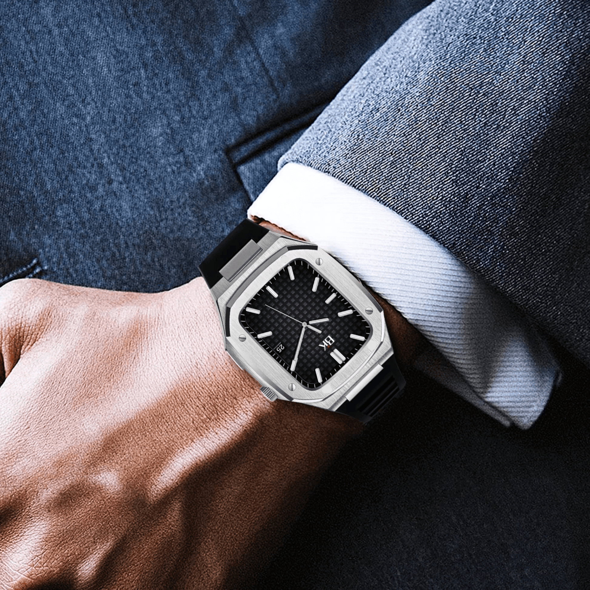 Luxury Metal Mod Kit for Apple Watch | Leather & Stainless Steel Straps | Apple Watch SE/3/4/5/6/7/8 accessory 45 mm| Silver Case - Black Leather Band mod kits india dream watches apple watch