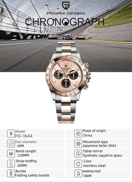 Pagani Design PD-1644 | Luxury | Waterproof Mechanical Automatic Movement SeikoVK63 | Stainless Steel Men's 40MM Watch Chocolate Dial Daytona