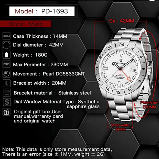 Pagani Design PD-1693 42 MM (GMT Automatic Movement) Mechanical Watch Sapphire Stainless Steel Watch Explorer II - DREAM WATCHES