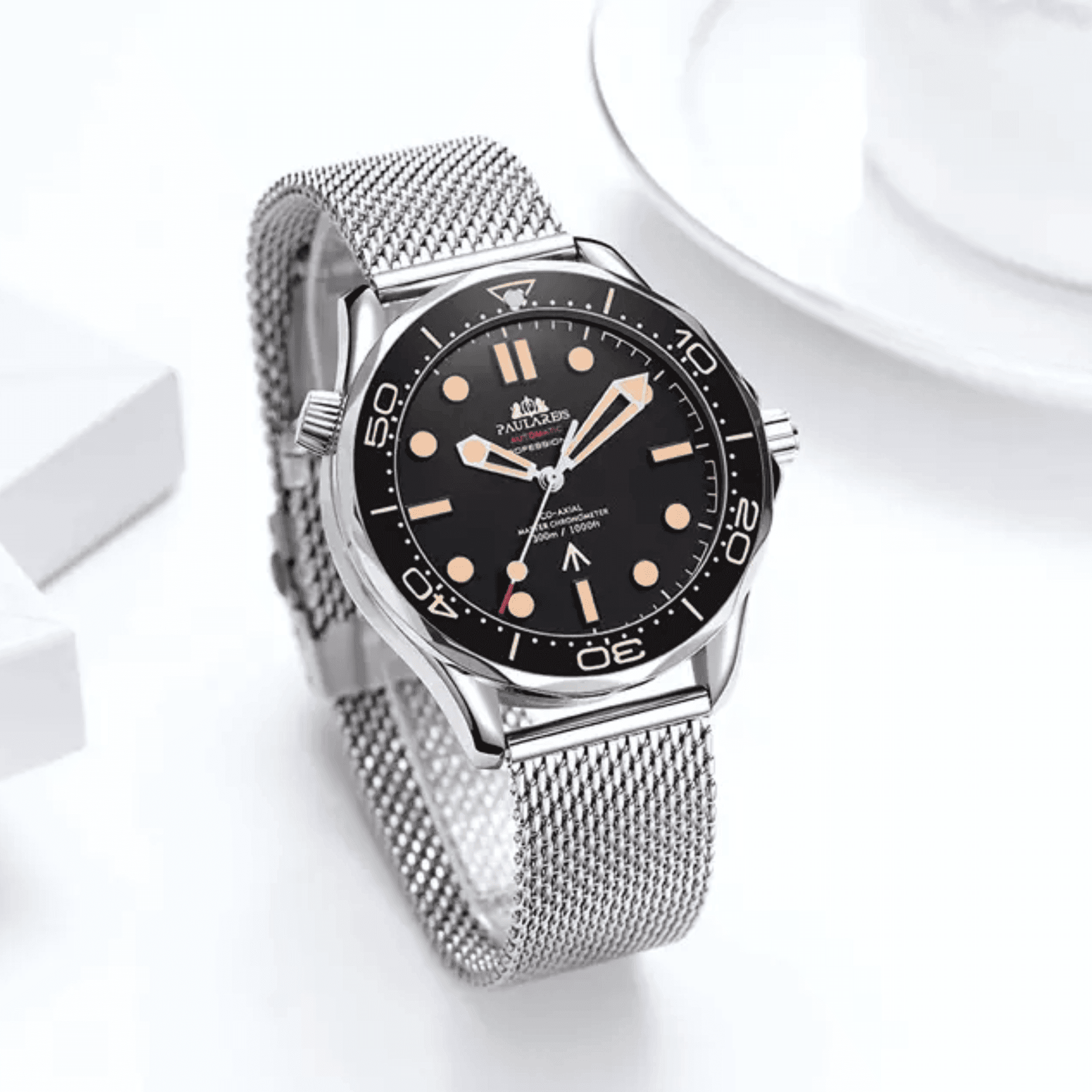 PAULAREIS Seamaster Homage Automatic Movement | Stainless Steel Dial Men's 40MM Watch | Black Dial with Steel Mesh Strap Paularies watches india dream watches