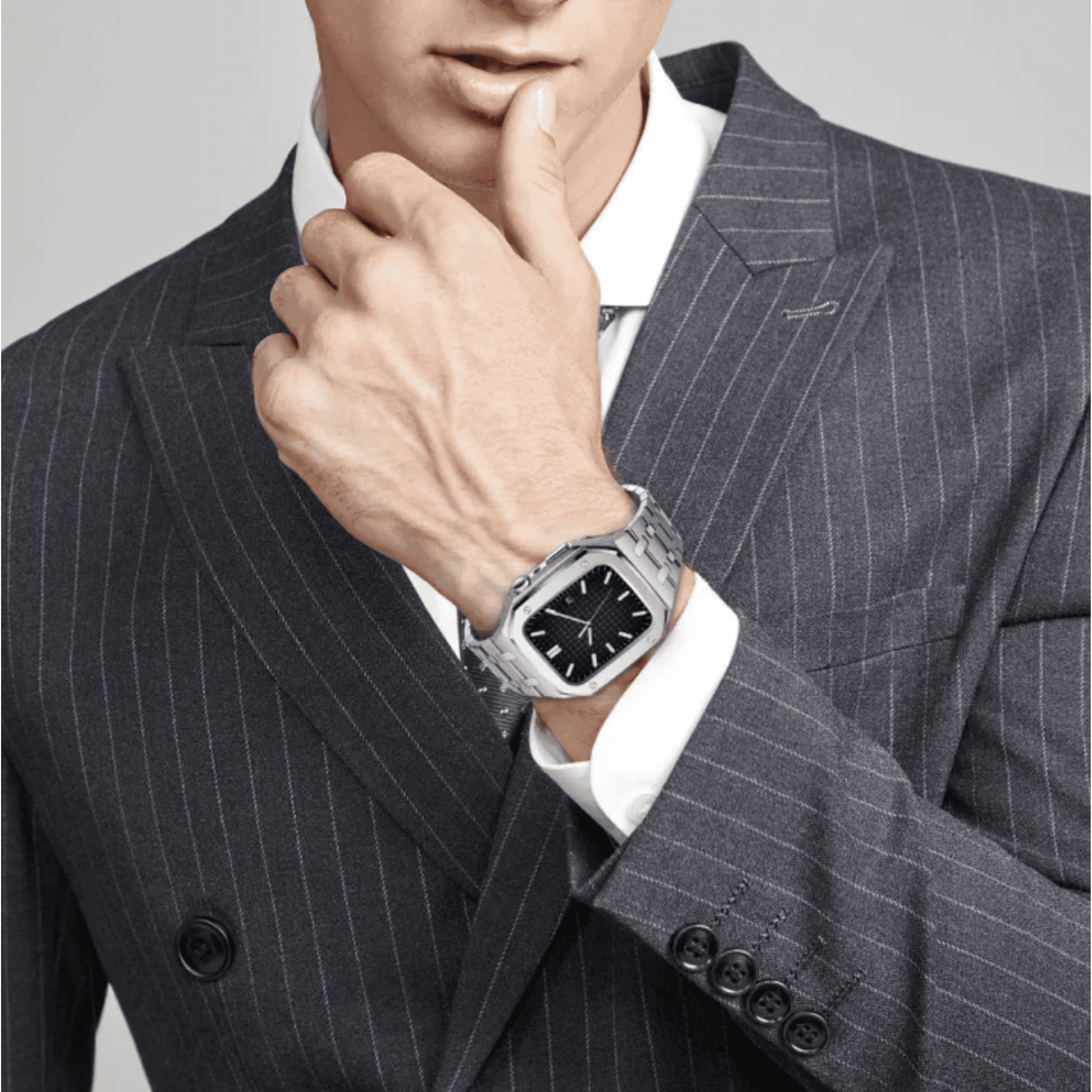 Luxury Metal Mod Kit for Apple Watch | Leather & Stainless Steel Straps | Apple Watch 7/8 accessory 45 mm| Silver Case - Silver Band mod kits india dream watches apple watch