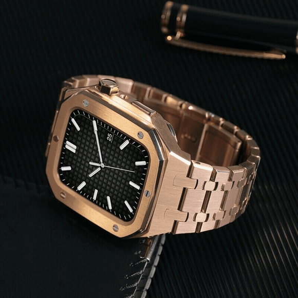 Luxury Metal Mod Kit for Apple Watch | Leather & Stainless Steel Straps | Apple Watch SE/3/4/5/6/7/8 accessory 45 mm| Rosè Gold Case - Rosè Gold Band mod kits india dream watches apple watch