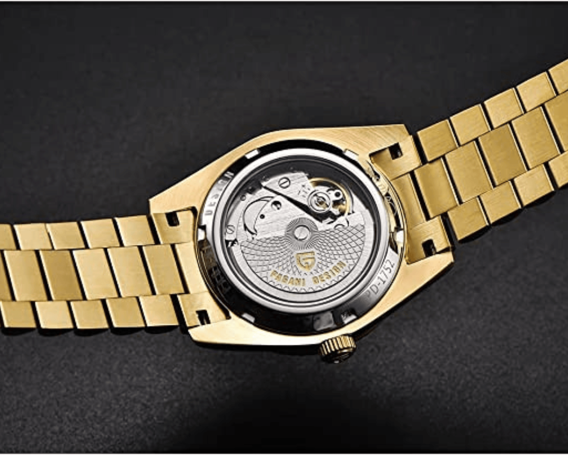 Pagani Design PD-1752 Presidential Day-Date Homage Automatic Movement ST6 | Stainless Steel Dial Men's 36 MM Watch | Black Dial - Golden