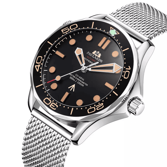 PAULAREIS Seamaster Homage Automatic Movement | Stainless Steel Dial Men's 40MM Watch | Black Dial with Steel Mesh Strap Paularies watches india dream watches