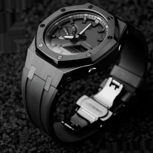 Metal Mod Kit Watchband and Metal Case for G-shock GA-2100 and GA-2110 Casioak Black Strap + Black Metal Case