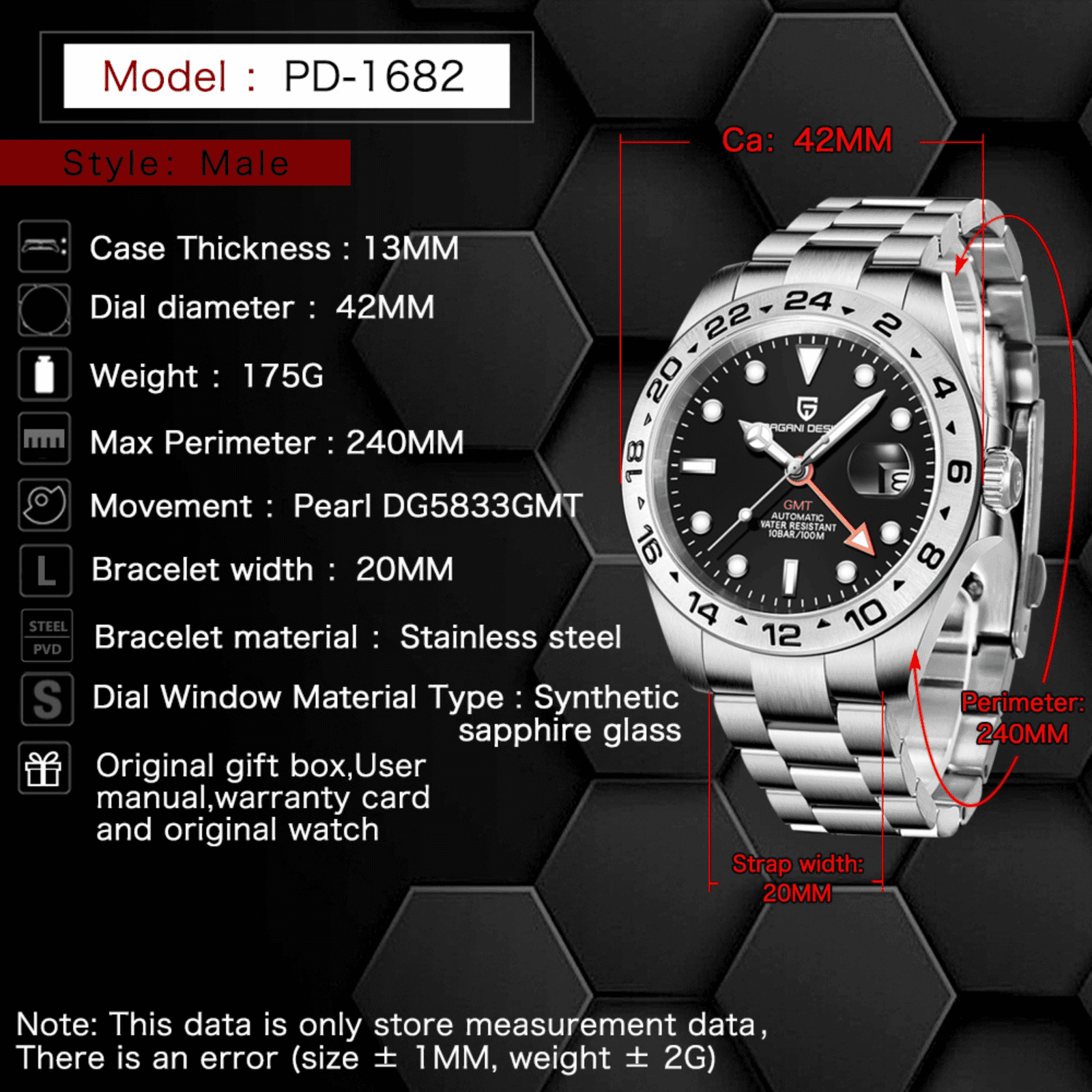 Pagani Design PD-1682 Waterproof Mechanical Automatic Watch Stainless Steel Men's 42MM Watch (GMT Explorer II)  - Black Dial - DREAM WATCHES