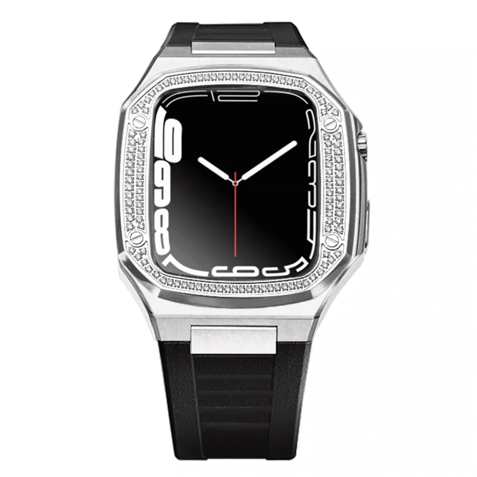 Luxury Metal Mod Kit for Apple Watch | Case with Jewels, Rubber & Stainless Steel Straps | Apple Watch SE/3/4/5/6 accessory - 44 mm| Silver case - Black Band mod kits india dream watches apple watch