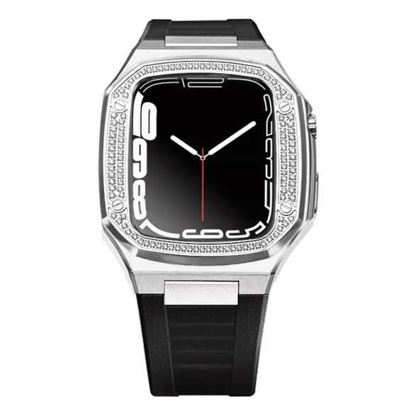 Luxury Metal Mod Kit for Apple Watch | Case with Jewels, Rubber & Stainless Steel Straps | Apple Watch SE/3/4/5/6 accessory - 44 mm| Silver case - Black Band mod kits india dream watches apple watch