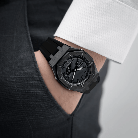 Metal Mod Kit Watchband and Metal Case for G-shock GA-2100 and GA-2110 Casioak Black Strap + Black Metal Case