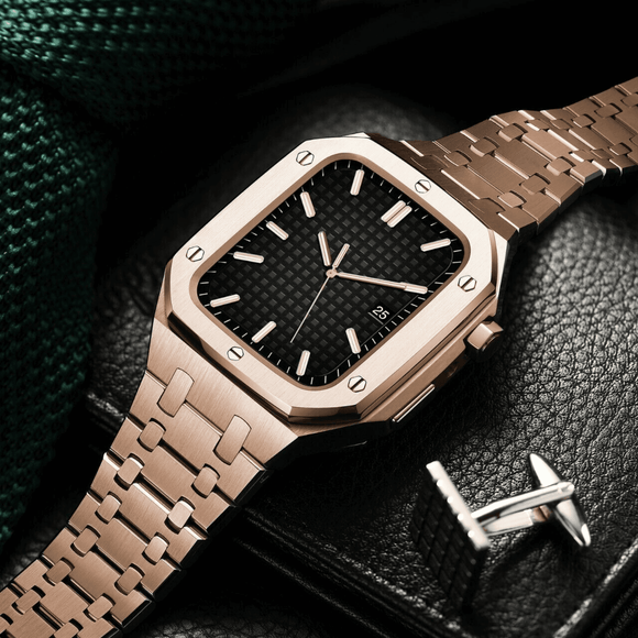 Luxury Metal Mod Kit for Apple Watch | Leather & Stainless Steel Straps | Apple Watch SE/3/4/5/6/7/8 accessory 45 mm| Rosè Gold Case - Rosè Gold Band mod kits india dream watches apple watch