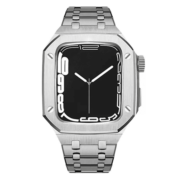 Luxury Metal Mod Kit for Apple Watch | Leather & Stainless Steel Straps | Apple Watch 7/8 accessory 45 mm| Silver Case - Silver Band mod kits india dream watches apple watch