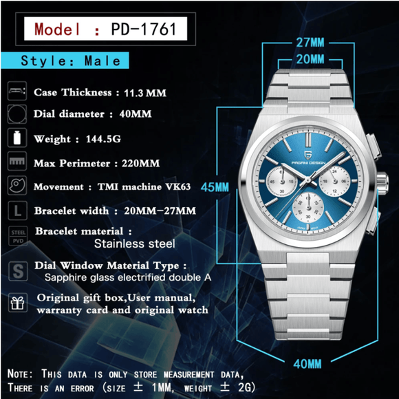 Pagani Design PD-1761 Chronograph Luxury Waterproof Movement Japanese VK63 | Stainless Steel Men's 40MM Watch