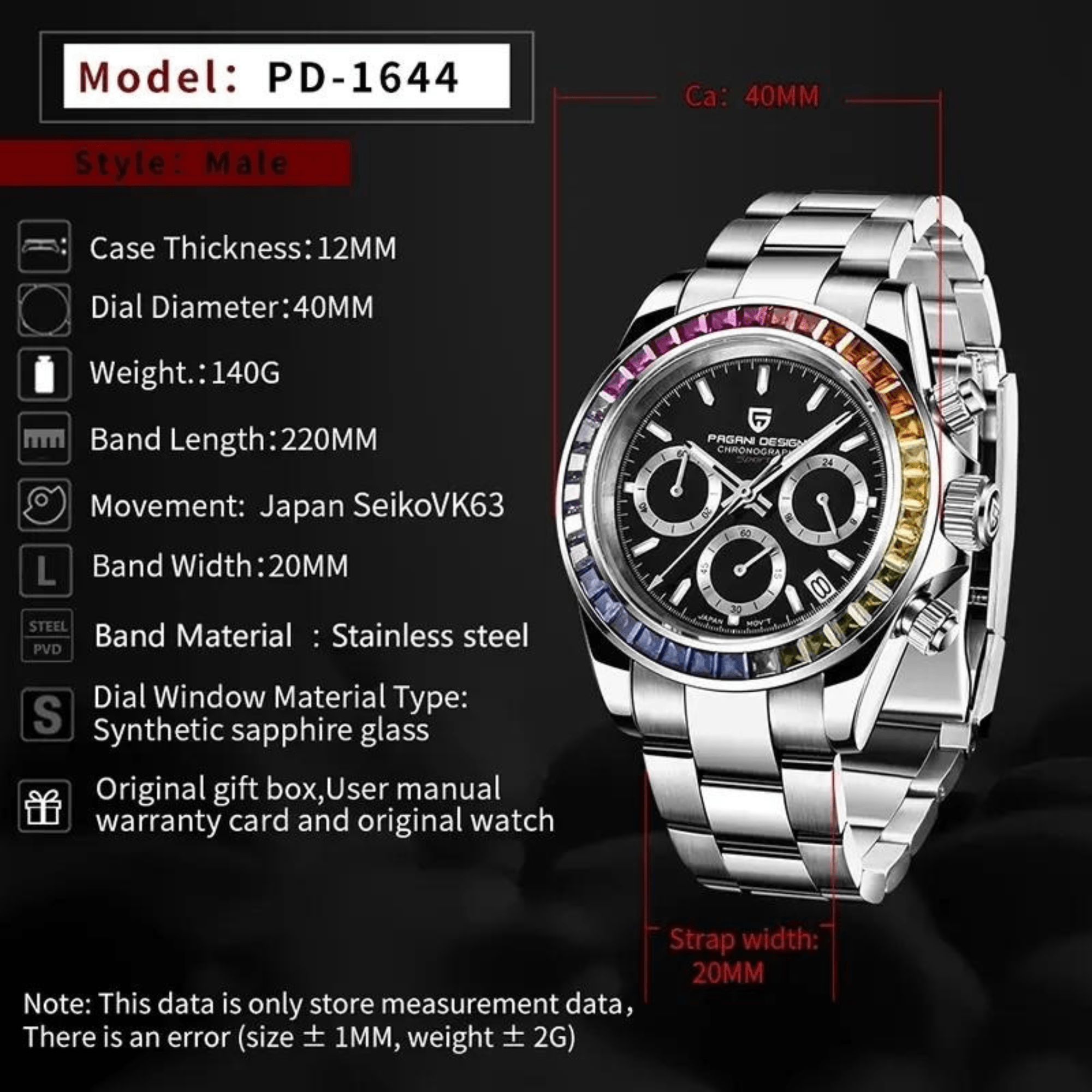 Pagani Design | Luxury | Waterproof Mechanical Automatic Movement SeikoVK63 | Stainless Steel Men's 40MM Watch Rainbow Black