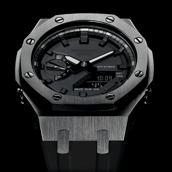 Metal Mod Kit Watchband and Metal Case for G-shock GA-2100 and GA-2110 Casioak Black Strap + Black Metal Case