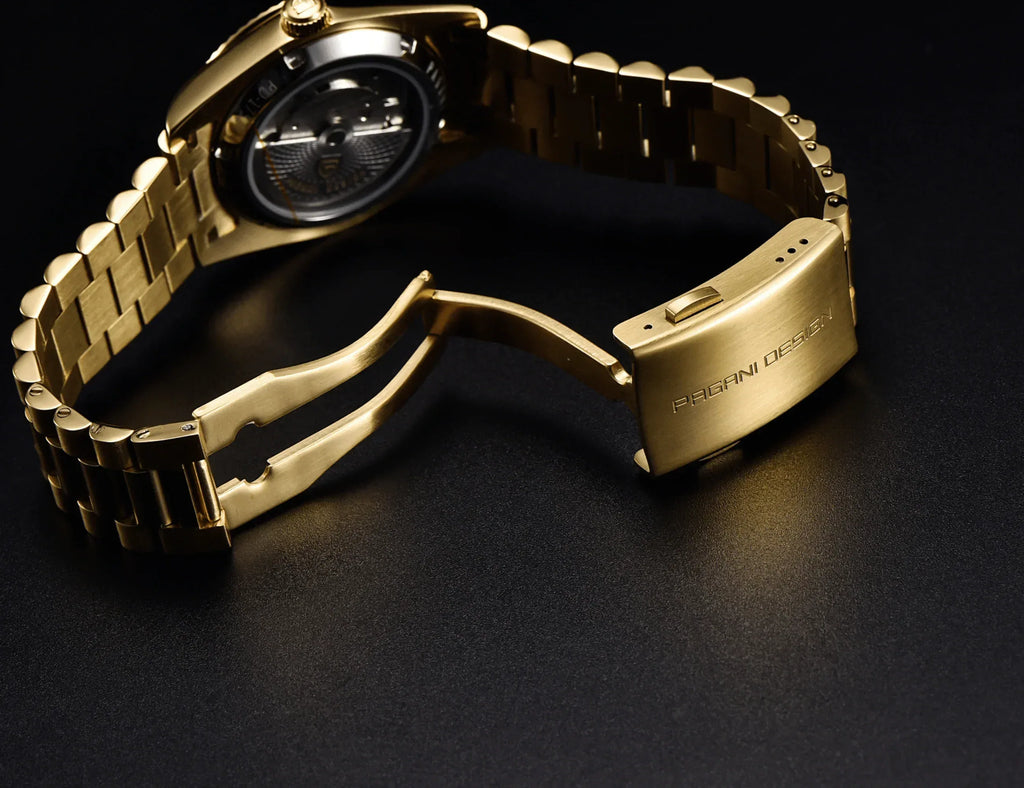 Pagani Design PD-1752 Presidential Day-Date Homage Automatic Movement (ST-16) | Stainless Steel Dial Men's 36 MM Watch | Black Dial - Golden - DREAM WATCHES