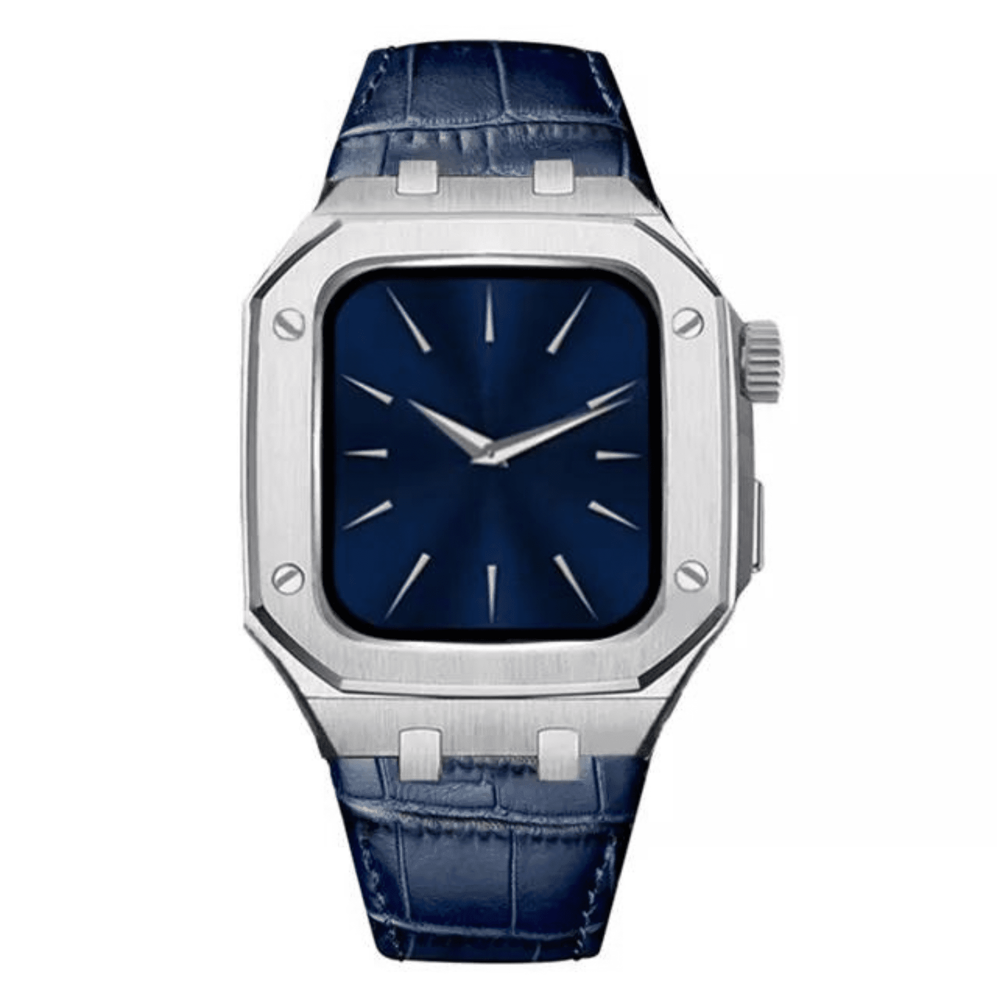 Luxury Metal Mod Kit for Apple Watch | Leather & Stainless Steel Straps | Apple Watch 7/8 accessory 45 mm| Silver Case - Blue Leather Band mod kits india dream watches apple watch