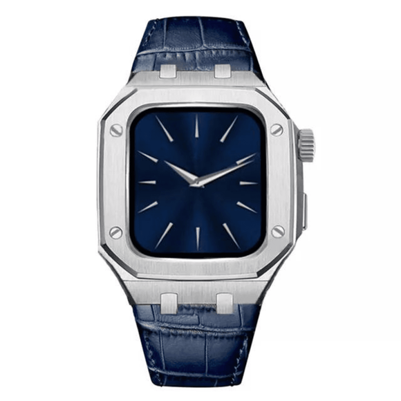 Luxury Metal Mod Kit for Apple Watch | Leather & Stainless Steel Straps | Apple Watch 7/8 accessory 45 mm| Silver Case - Blue Leather Band mod kits india dream watches apple watch