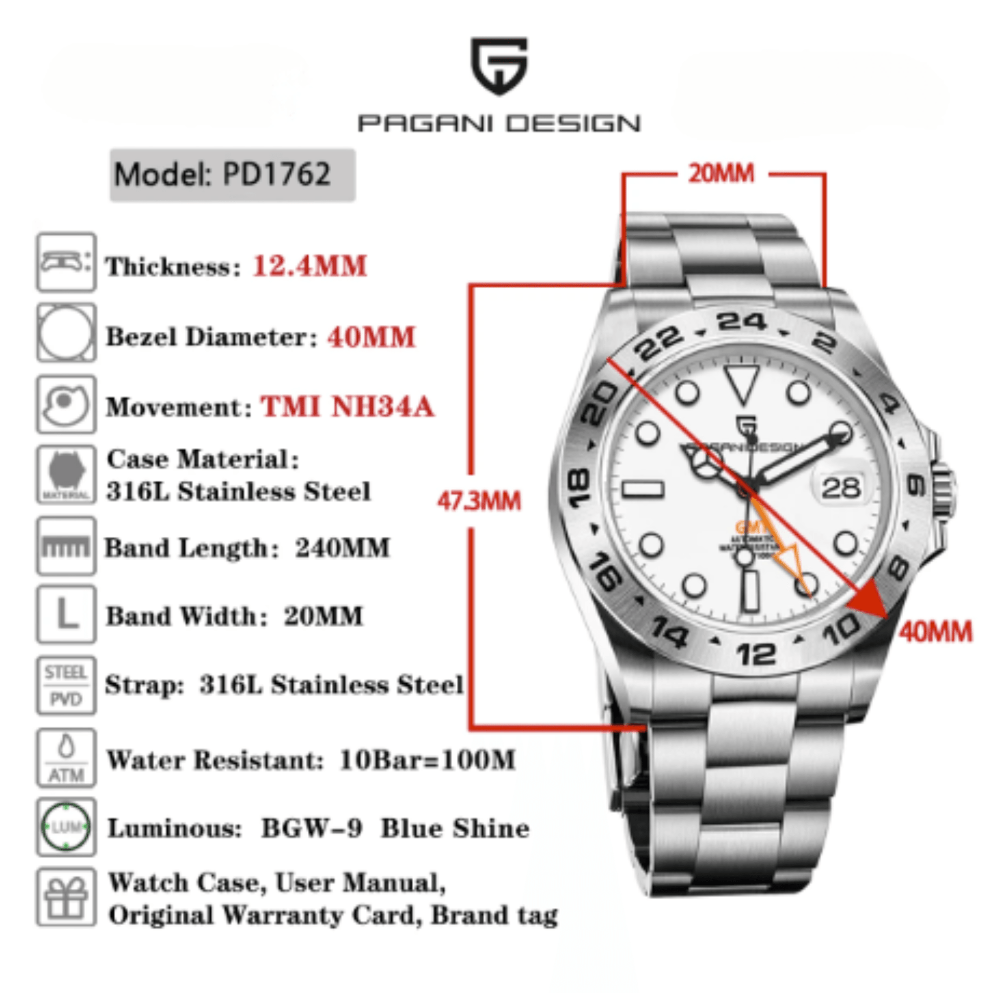 Pagani Design PD-1762 Seiko NH34 Movement equipped with AR AF Anti-Radiation Coating Automatic Watch Stainless Steel Men's GMT Explorer II - White