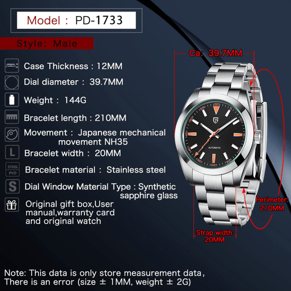 Pagani Design PD-1733 39.7 MM Japan NH35 Automatic Movement Mechanical Watch Stainless Steel Watch - Milgauss Homage