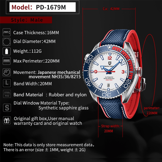 Pagani Design PD-1679M 42MM Japanese NH-35 Automatic Movement Mechanical Watch 100M Waterproof Dive Watch Sapphire Stainless Steel Bracelet Watch "Seamaster 300" - Blue Dial