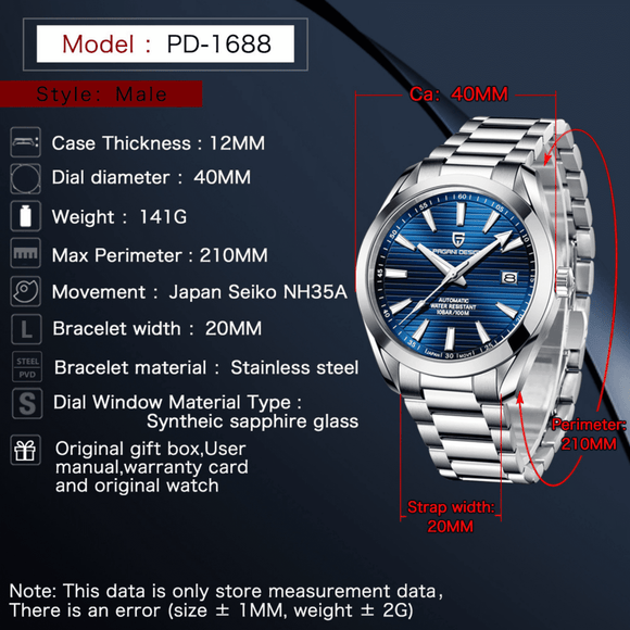 Pagani Design PD-1688 40MM (Seiko NH35A Automatic Movement) Mechanical Watch 100M Waterproof Dive Watch Sapphire Stainless Steel Watch Aqua Terra - DREAM WATCHES
