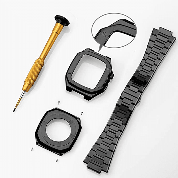 Luxury Metal Mod Kit for Apple Watch | Leather & Stainless Steel Straps | Apple Watch SE/3/4/5/6/7/8 accessory 45 mm| Carbon Black Case - Carbon Black Band mod kits india dream watches apple watch