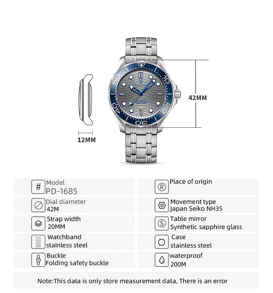 Pagani Design PD-1685 42MM Japanese NH-35 Automatic Movement Mechanical Watch 100M Waterproof Dive Watch Sapphire Stainless Steel Bracelet Watch Seamaster