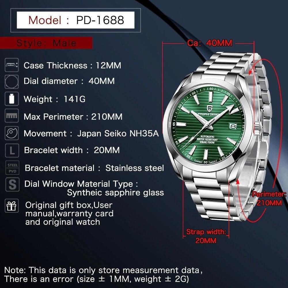 Pagani Design PD-1688 40MM (Seiko NH35A Automatic Movement) Mechanical Watch 100M Waterproof Dive Watch Sapphire Stainless Steel Watch Aqua Terra - DREAM WATCHES