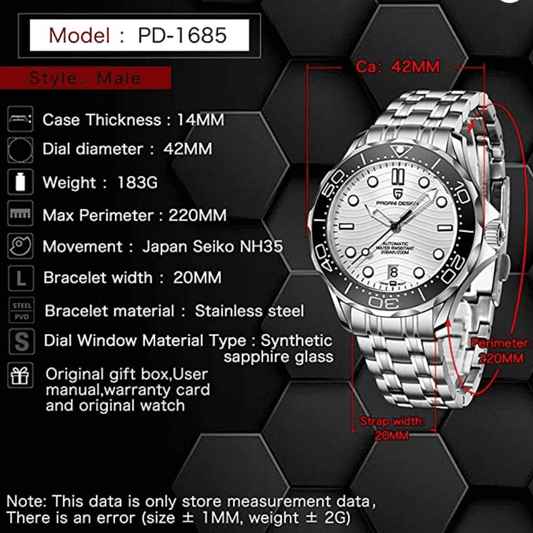 Pagani Design PD-1685 42MM (Japanese NH-35 Automatic Movement) Mechanical Watch 100M Waterproof Dive Watch Sapphire Stainless Steel Bracelet Watch Seamaster - DREAM WATCHES