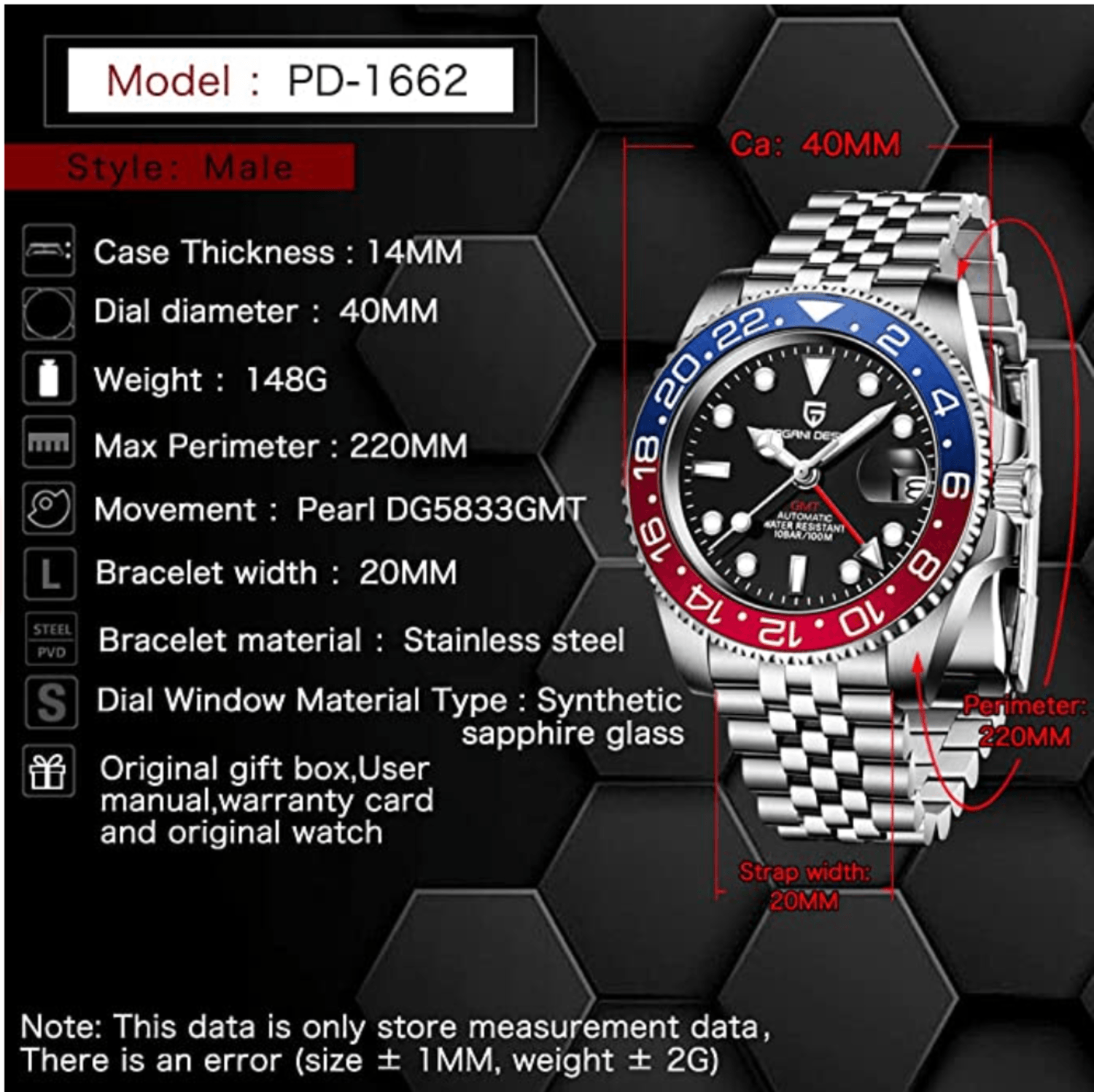 Pagani Design PD-1662 Waterproof Mechanical Automatic Watch Stainless Steel Men's 40MM Watch (Pepsi - Jubilee Bracelet) - DREAM WATCHES