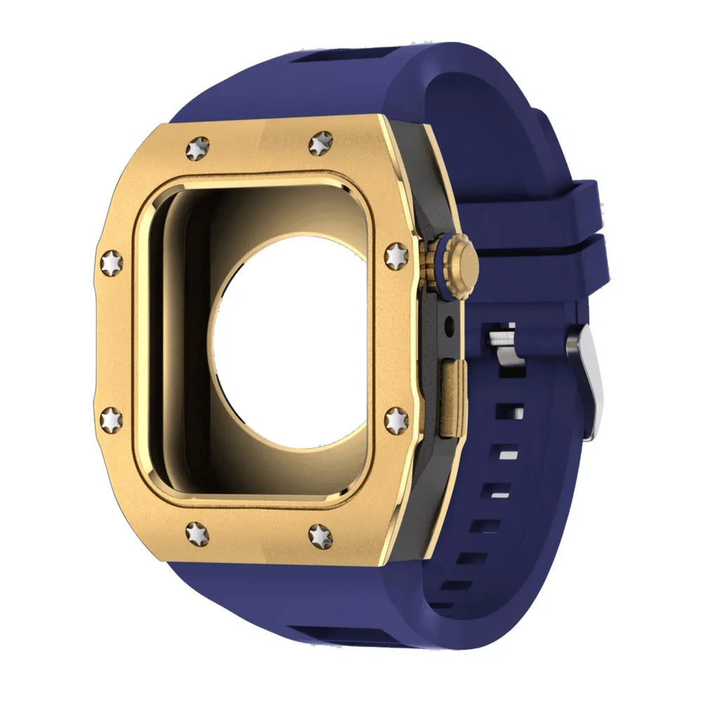 Golden Concept Style Case and Strap for Apple Watch | Luxury & Sporty Apple Watch Case & Fashion Accessory | Mod Kit Replacement for Apple Watch Series SE/3/4/5/67/8 (44 mm| Golden Case - Blue Band) - DREAM WATCHES