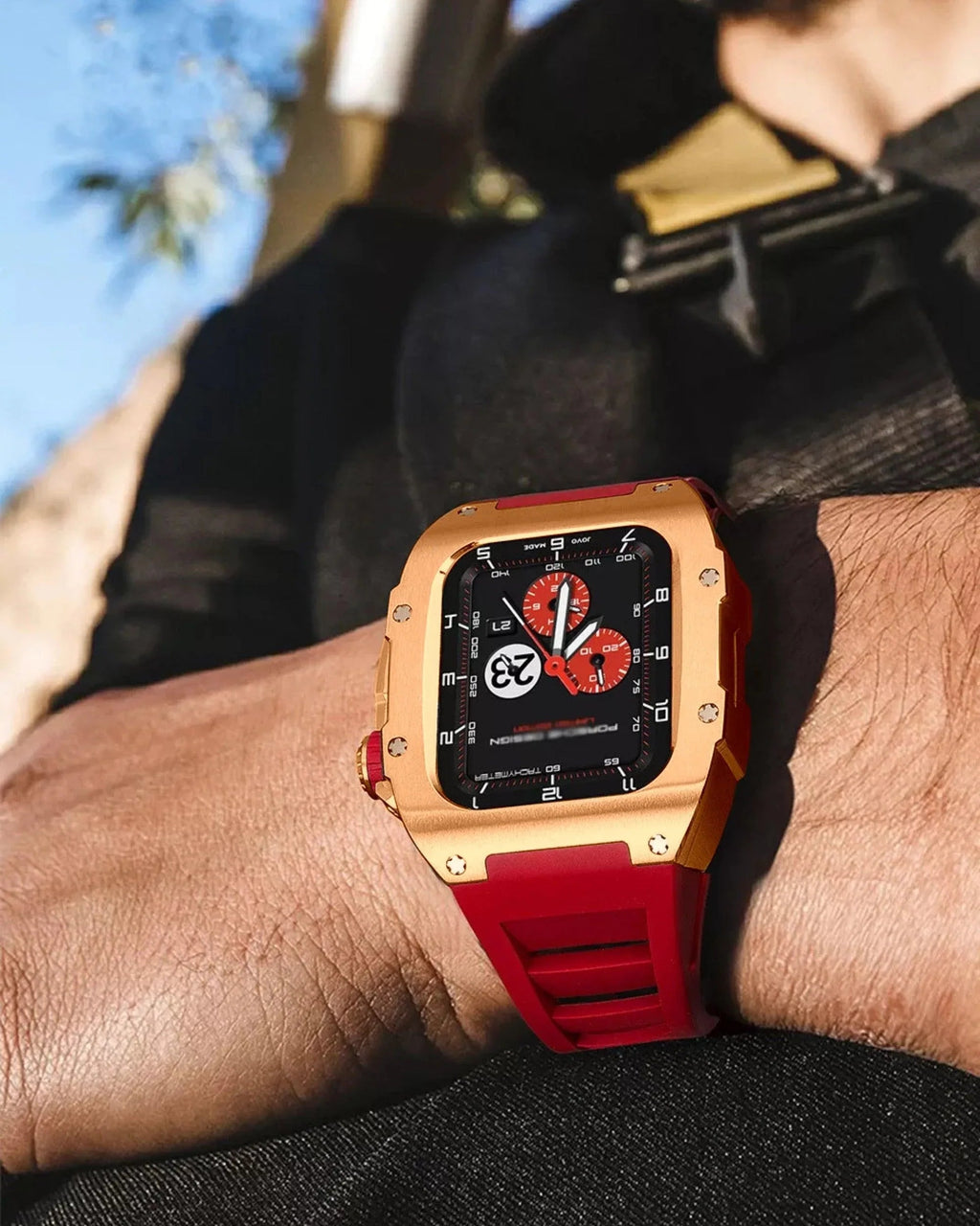 Golden Concept Style Case and Strap for Apple Watch | Luxury & Sporty Apple Watch Case & Fashion Accessory | Mod Kit Replacement for Apple Watch Series SE/3/4/5/67/8 (44 mm| Rosè Gold Case - Red Band) - DREAM WATCHES
