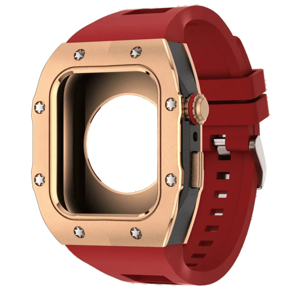 Golden Concept Style Case and Strap for Apple Watch | Luxury & Sporty Apple Watch Case & Fashion Accessory | Mod Kit Replacement for Apple Watch Series SE/3/4/5/67/8 (44 mm| Rosè Gold Case - Red Band) - DREAM WATCHES