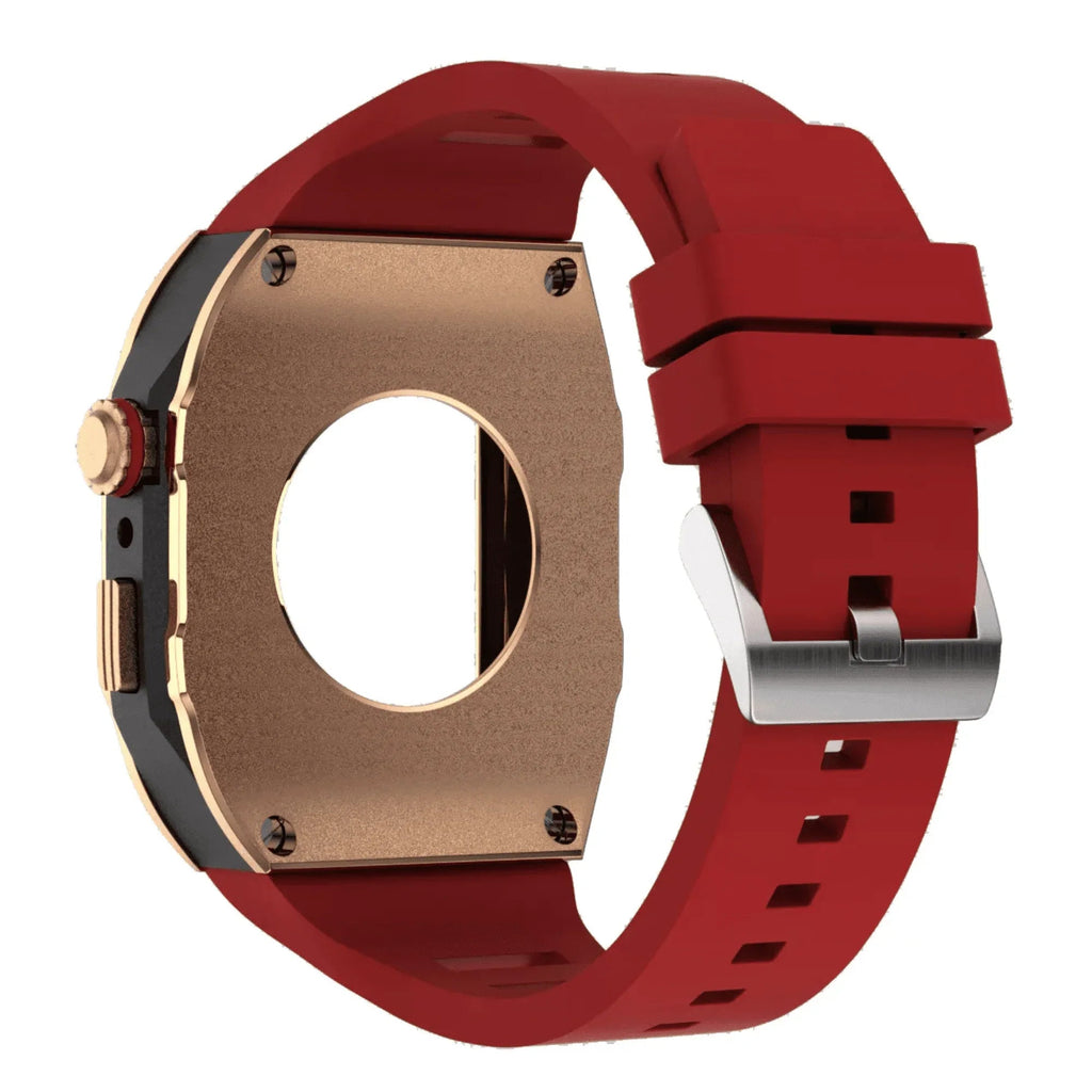 Golden Concept Style Case and Strap for Apple Watch | Luxury & Sporty Apple Watch Case & Fashion Accessory | Mod Kit Replacement for Apple Watch Series SE/3/4/5/67/8 (44 mm| Rosè Gold Case - Red Band) - DREAM WATCHES