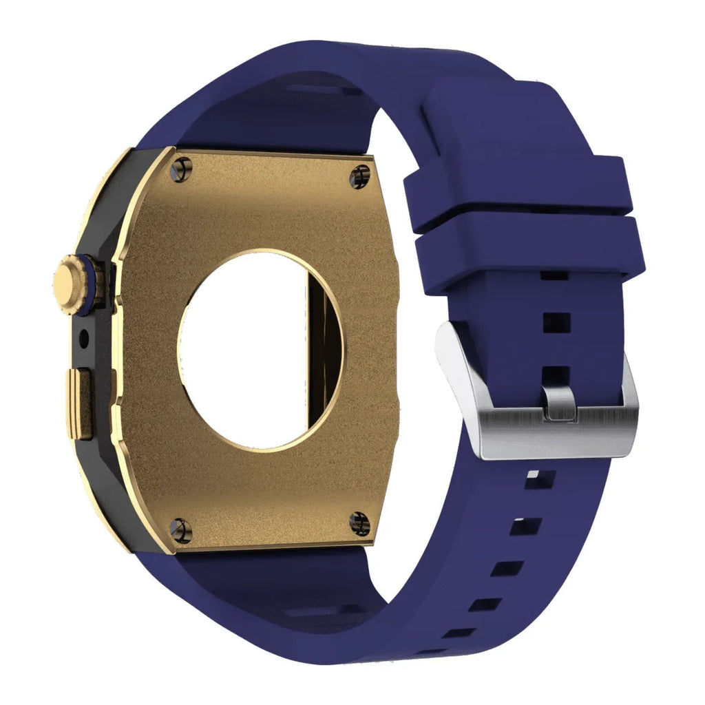 Golden Concept Style Case and Strap for Apple Watch | Luxury & Sporty Apple Watch Case & Fashion Accessory | Mod Kit Replacement for Apple Watch Series SE/3/4/5/67/8 (45 mm| Golden Case - Blue Band) - DREAM WATCHES