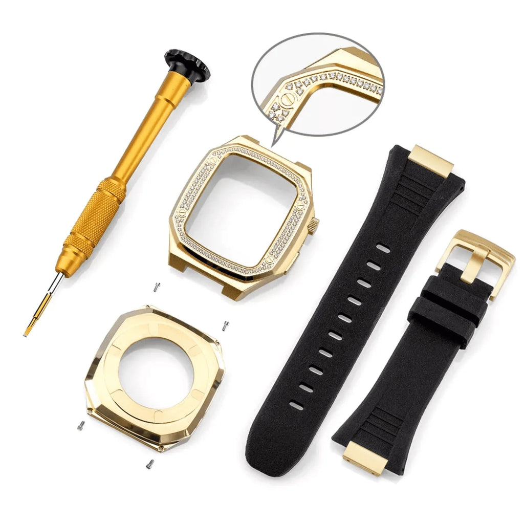 Luxury Metal Mod Kit for Apple Watch | Case with Jewels, Rubber & Stainless Steel Straps | Apple Watch 7/8 - 45 mm| Silver case - Black Band - DREAM WATCHES