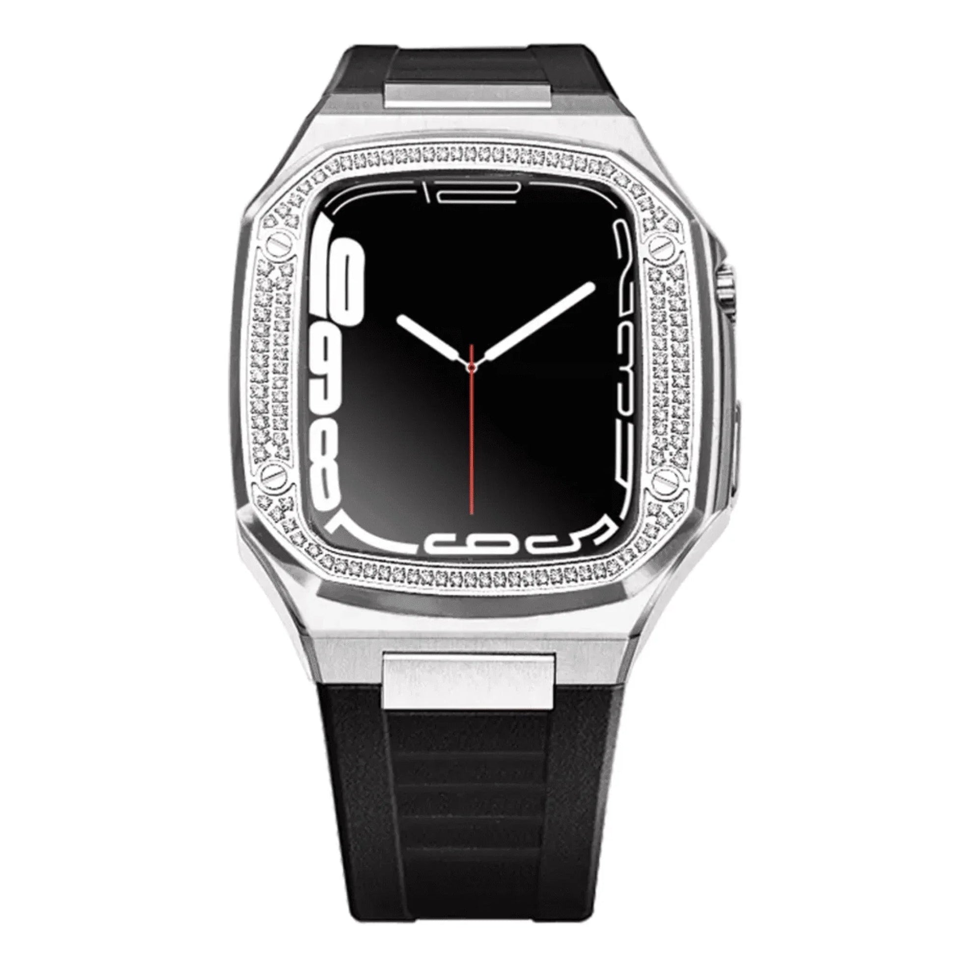 Luxury Metal Mod Kit for Apple Watch | Case with Jewels, Rubber & Stainless Steel Straps | Apple Watch 7/8 - 45 mm| Silver case - Black Band - DREAM WATCHES