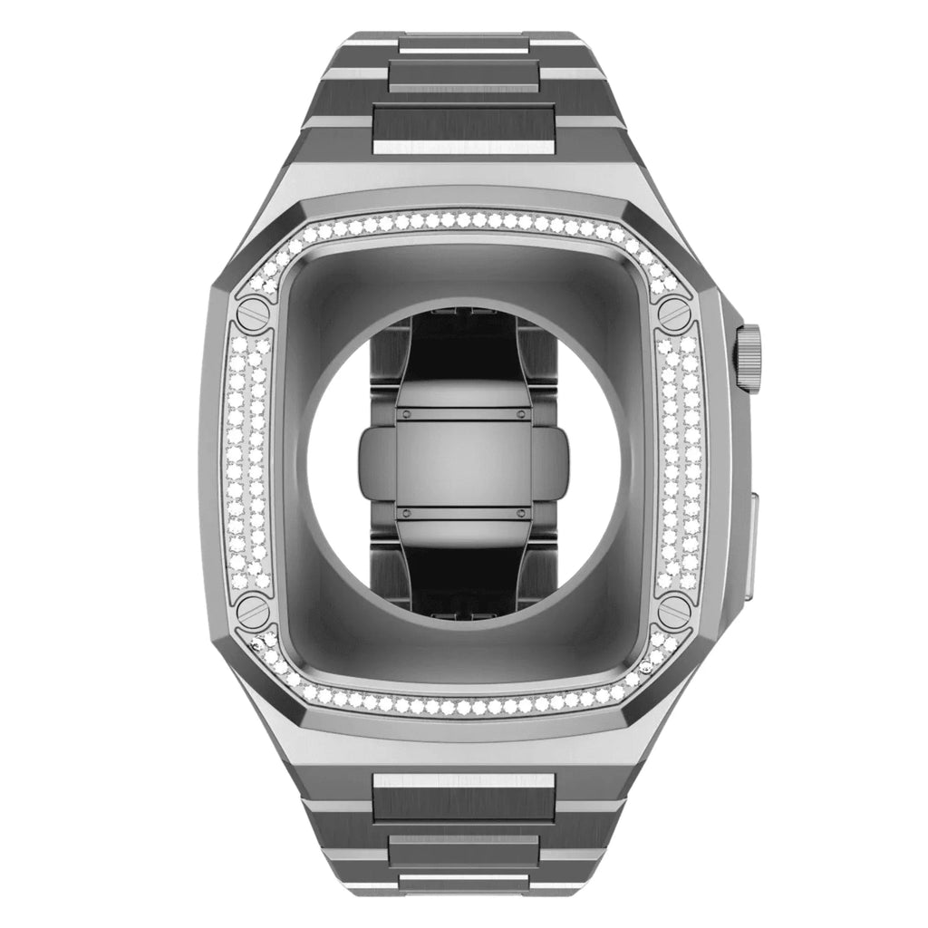 Luxury Metal Mod Kit for Apple Watch | Case with Jewels, Rubber & Stainless Steel Straps | Apple Watch 7/8 accessory - 45 mm| Silver case - Silver Band - DREAM WATCHES