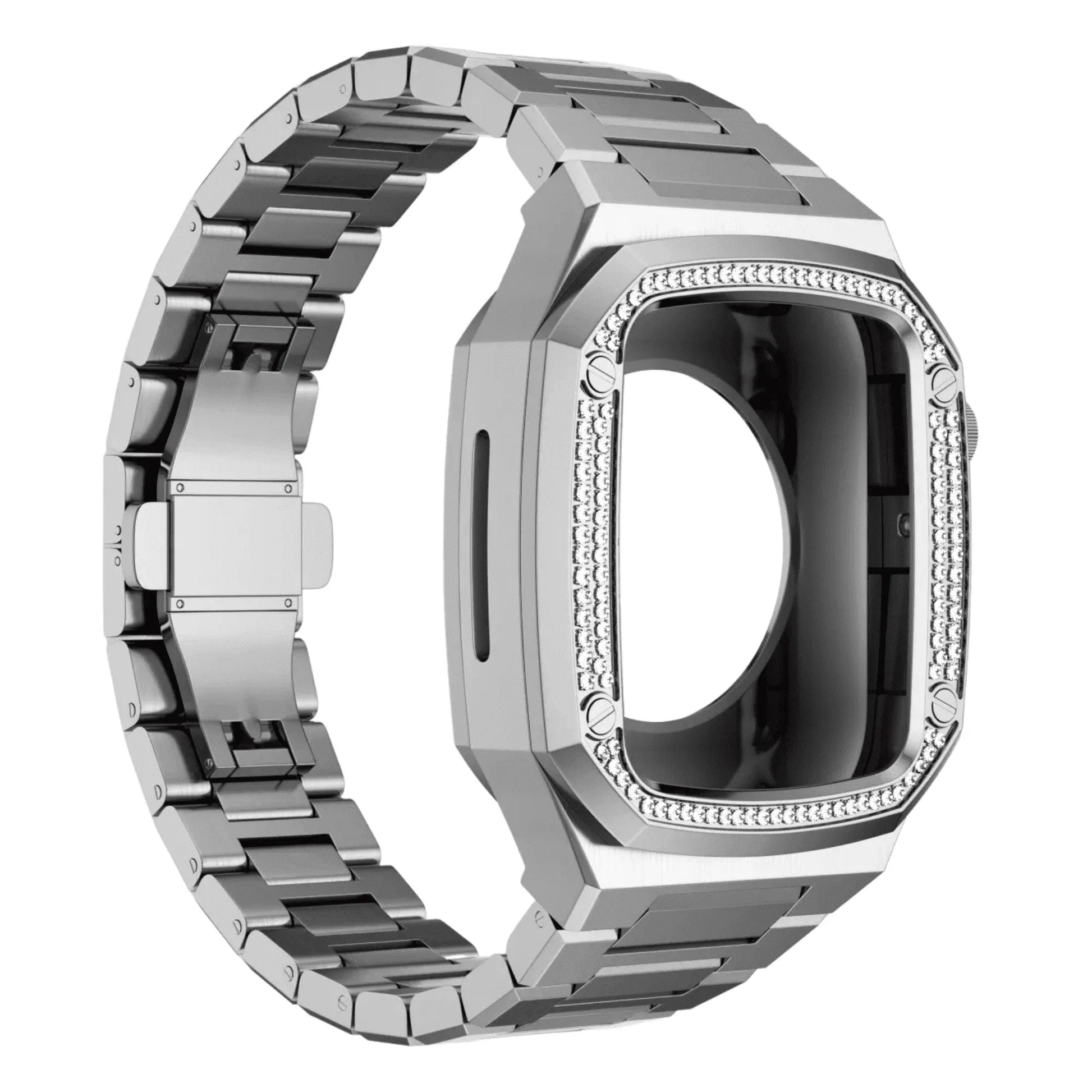 Luxury Metal Mod Kit for Apple Watch | Case with Jewels, Rubber & Stainless Steel Straps | Apple Watch 7/8 accessory - 45 mm| Silver case - Silver Band - DREAM WATCHES