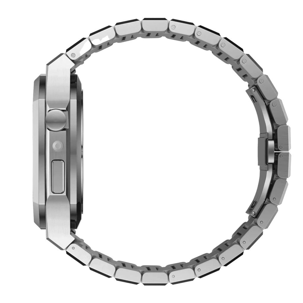 Luxury Metal Mod Kit for Apple Watch | Case with Jewels, Rubber & Stainless Steel Straps | Apple Watch 7/8 accessory - 45 mm| Silver case - Silver Band - DREAM WATCHES