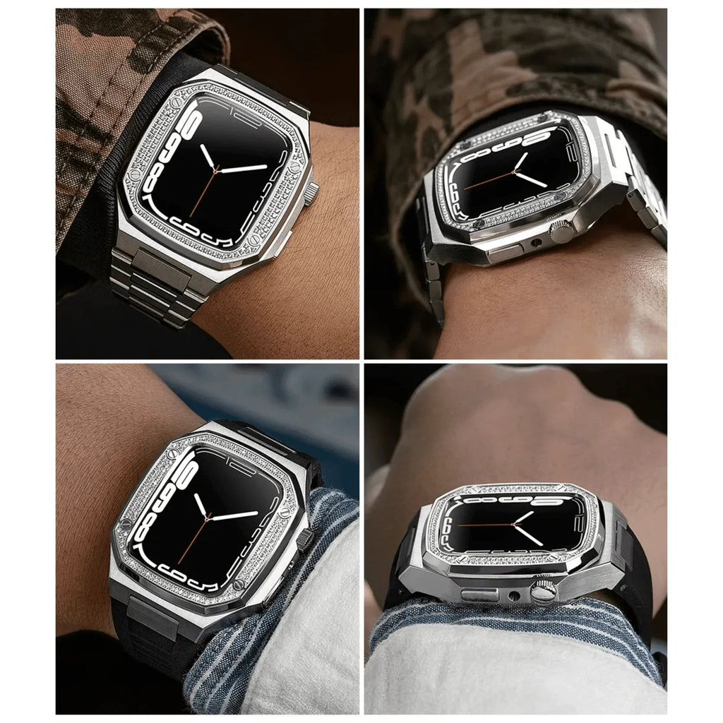 Luxury Metal Mod Kit for Apple Watch | Case with Jewels, Rubber & Stainless Steel Straps | Apple Watch 7/8 accessory - 45mm| Silver case - Blue Band - DREAM WATCHES