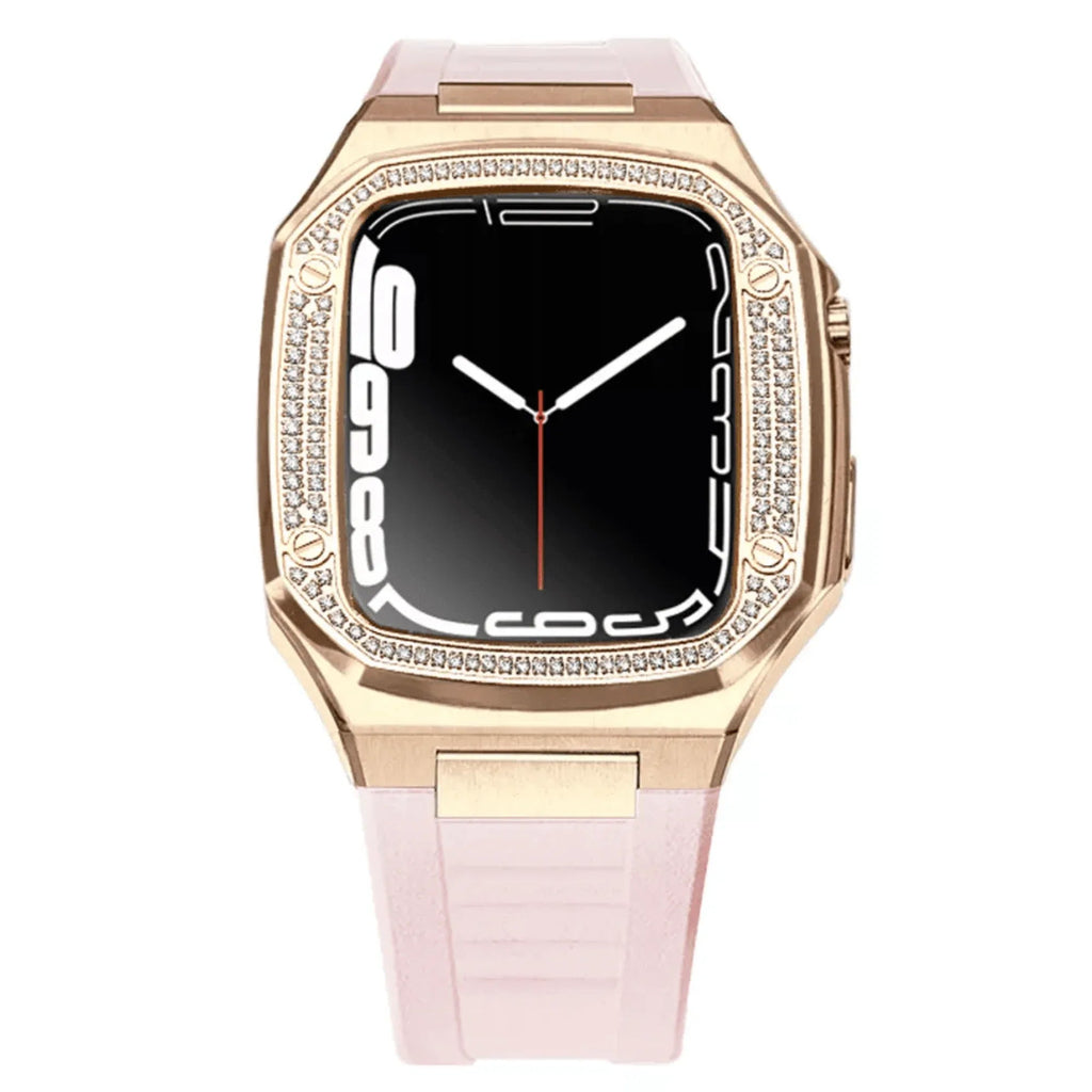 Luxury Metal Mod Kit for Apple Watch | Case with Jewels, Rubber & Stainless Steel Straps | Apple Watch SE/3/4/5/6 accessory - 44 mm| Rosè Gold case - Pink Band - DREAM WATCHES