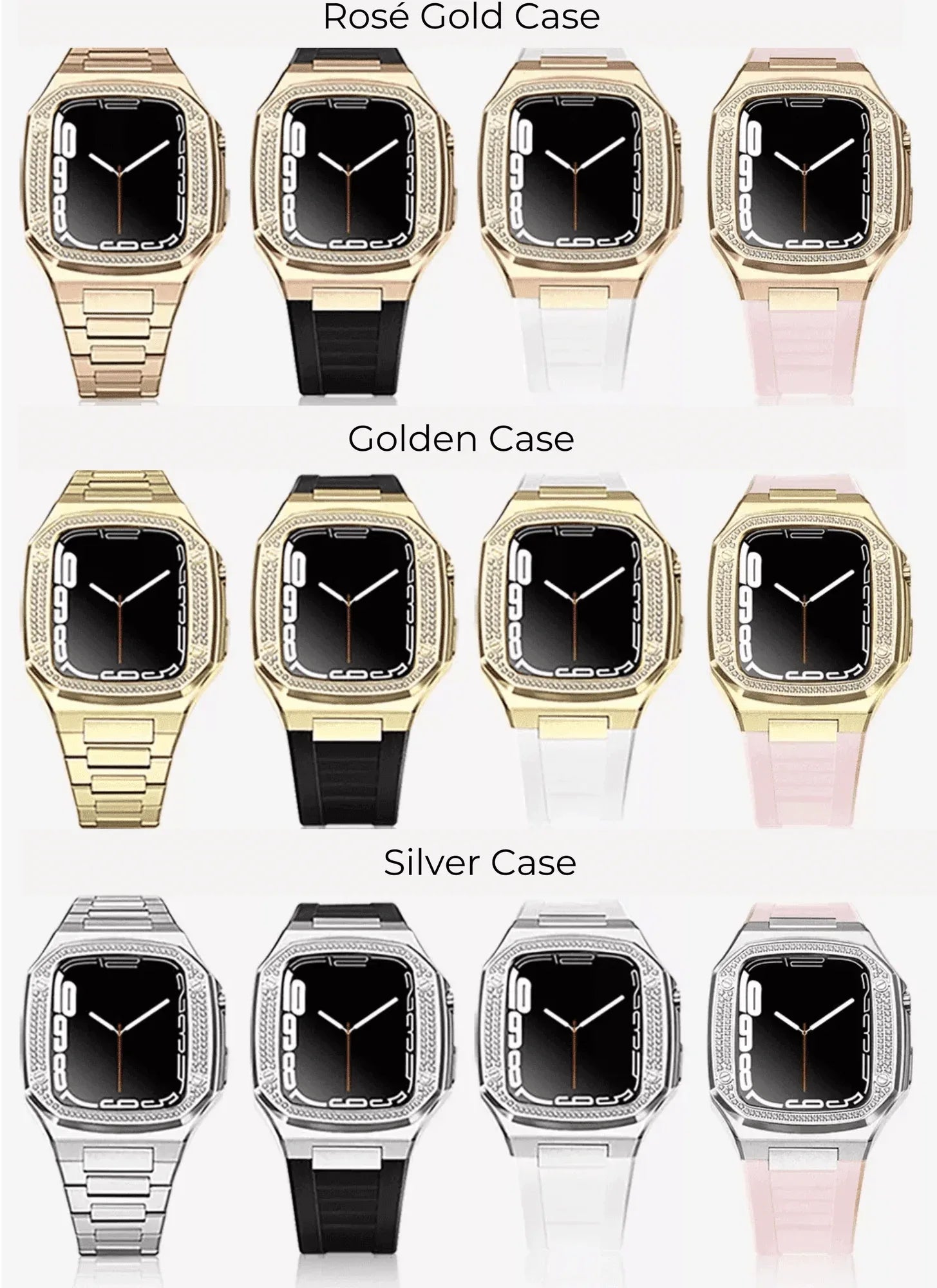Luxury Metal Mod Kit for Apple Watch | Case with Jewels, Rubber & Stainless Steel Straps | Apple Watch SE/3/4/5/6 accessory - 44 mm| Rosè Gold case - Pink Band - DREAM WATCHES