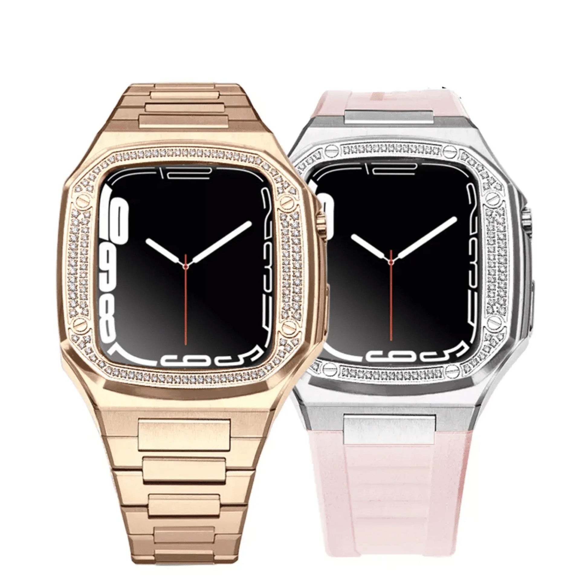 Luxury Metal Mod Kit for Apple Watch | Case with Jewels, Rubber & Stainless Steel Straps | Apple Watch SE/3/4/5/6 accessory - 44 mm| Rosè Gold case - Pink Band - DREAM WATCHES
